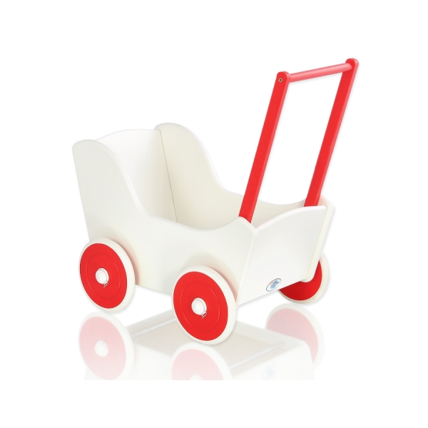 Poppenwagen van Hout met Dekentje Wit Rood
