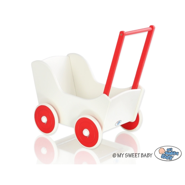 Poppenwagen van Hout met Dekentje Wit Rood