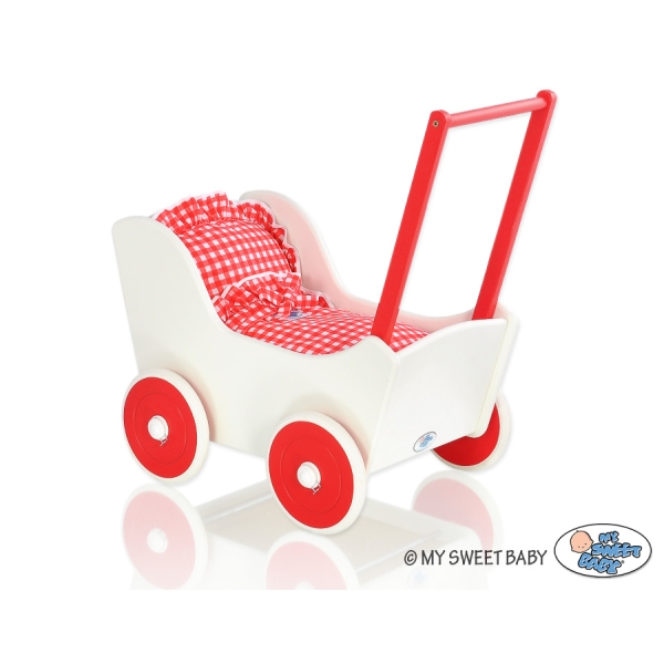 Poppenwagen van Hout met Dekentje Wit Rood