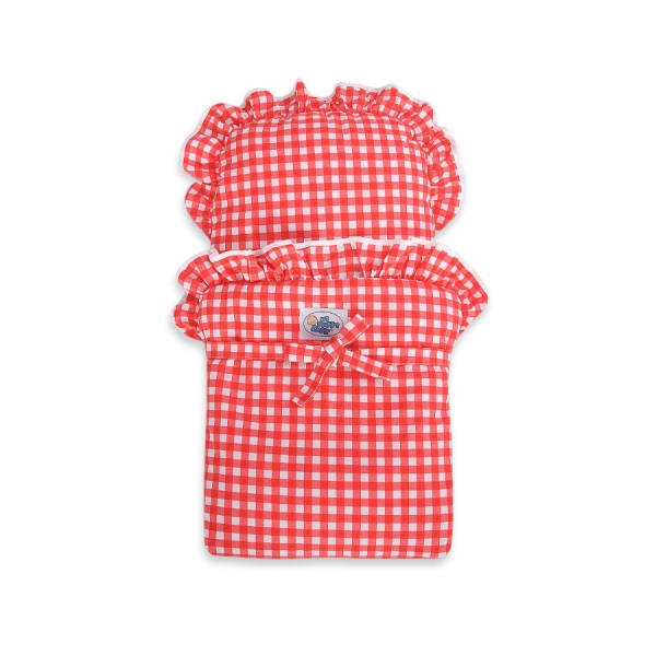 Poppenwagen van Hout met Dekentje Wit Rood