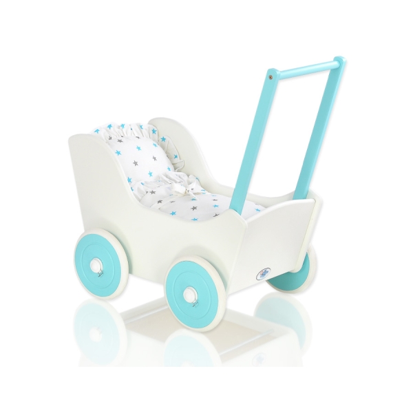 Poppenwagen van Hout met Dekentje Wit Turkoois