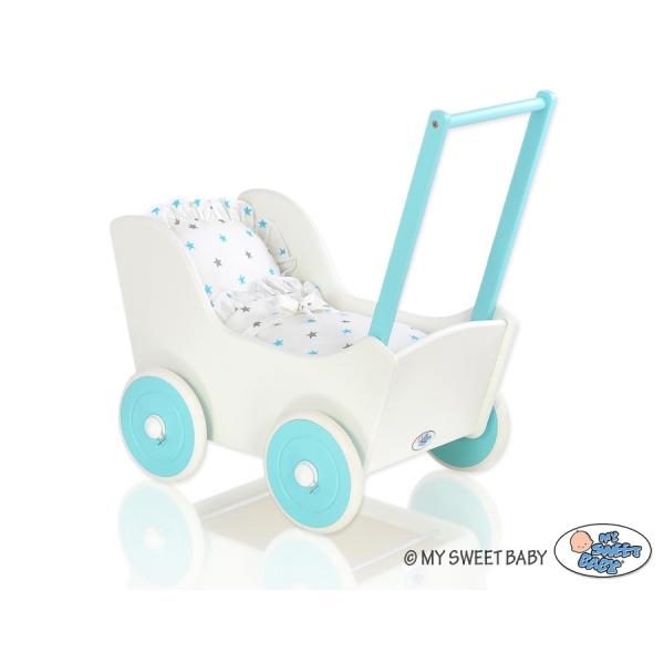 Poppenwagen van Hout met Dekentje Wit Turkoois
