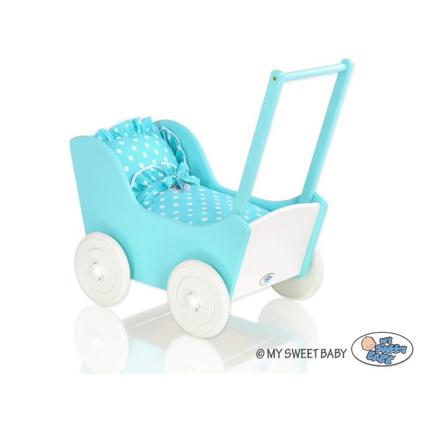 Poppenwagen van Hout met Dekentje Wit Turkoois