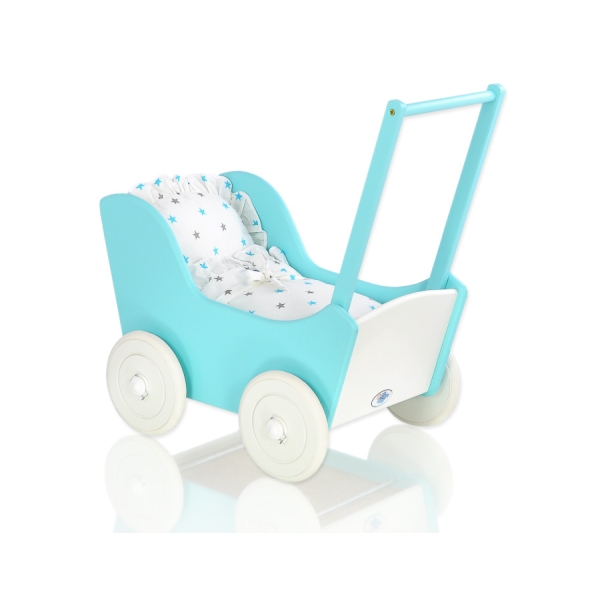 Poppenwagen van Hout met Dekentje Wit Turkoois