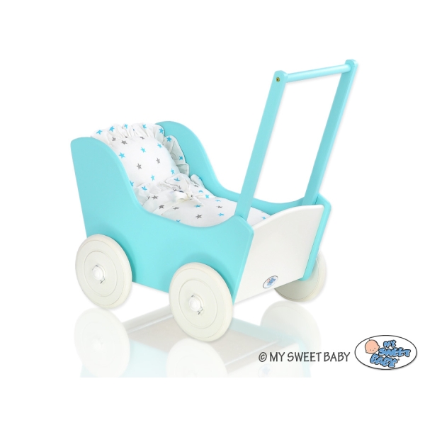 Poppenwagen van Hout met Dekentje Wit Turkoois