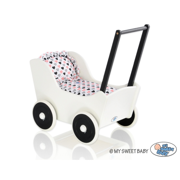 Poppenwagen van Hout met Dekentje Wit Zwart