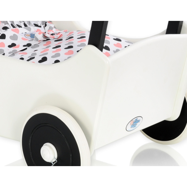 Poppenwagen van Hout met Dekentje Wit Zwart