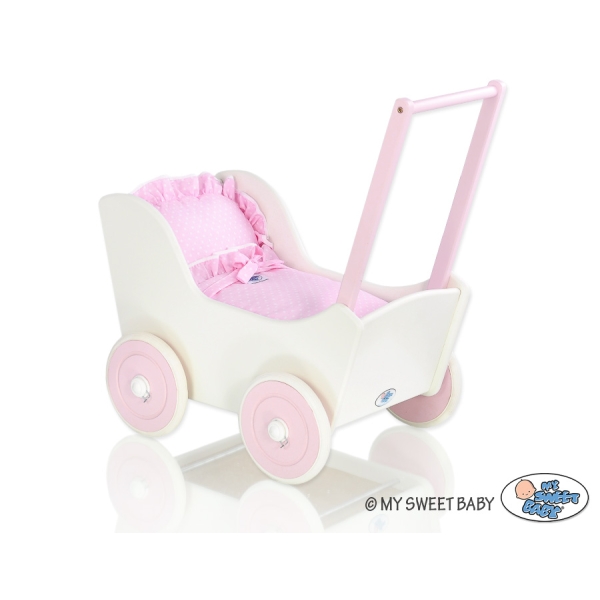 Poppenwagen van Hout Roze Wit