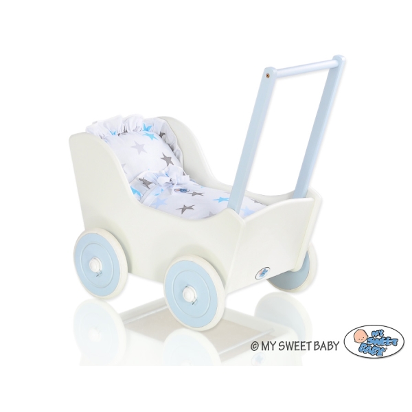 Poppenwagen van Hout Wit Blauw