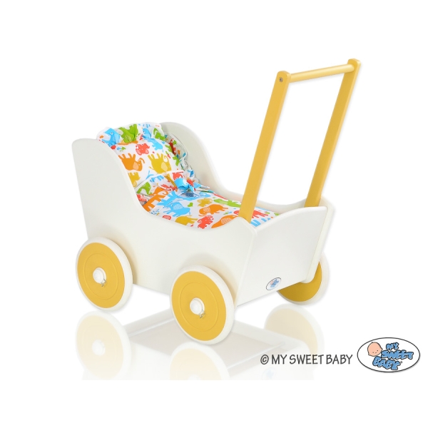 Poppenwagen van Hout Wit Geel