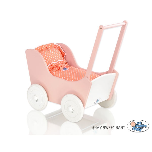 Poppenwagen van Hout Wit Poederroze