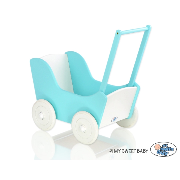 Poppenwagen van Hout Wit Turkoois