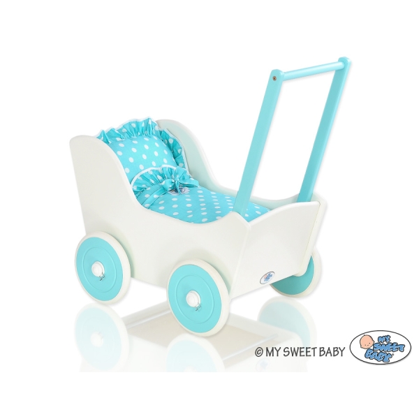 Poppenwagen van Hout Wit Turkoois