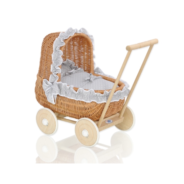 Poppenwagen van Natuurlijke Riet Wit Grijs Polkaprikker