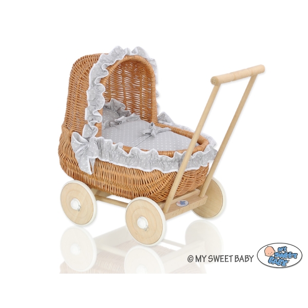 Poppenwagen van Natuurlijke Riet Wit Grijs Polkaprikker