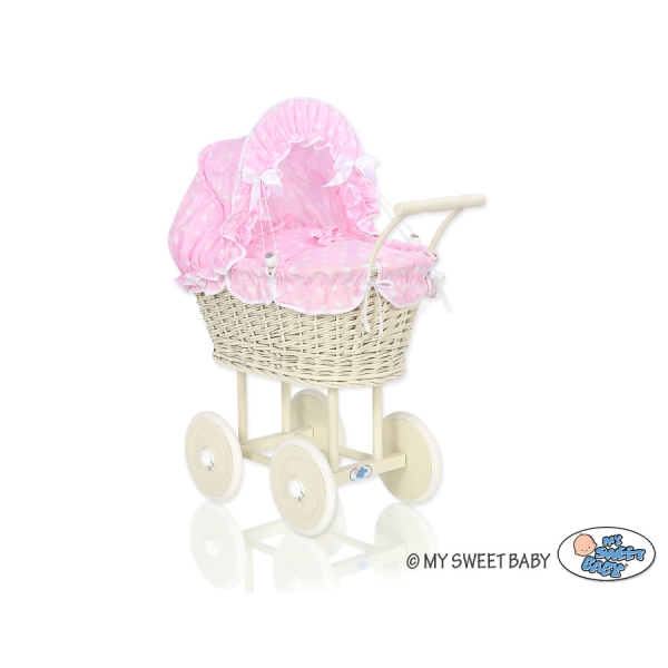 Poppenwagen van riet Ivoor Roze Polkaprikker