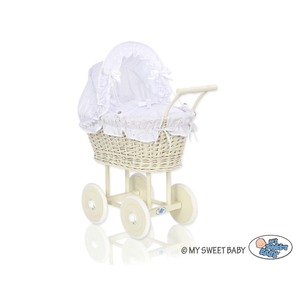 Poppenwagen van riet Ivoor Wit