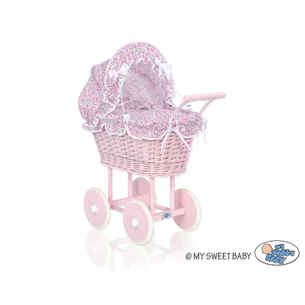 Poppenwagen van riet Roze Bloemenweide Bloemen Stofroze