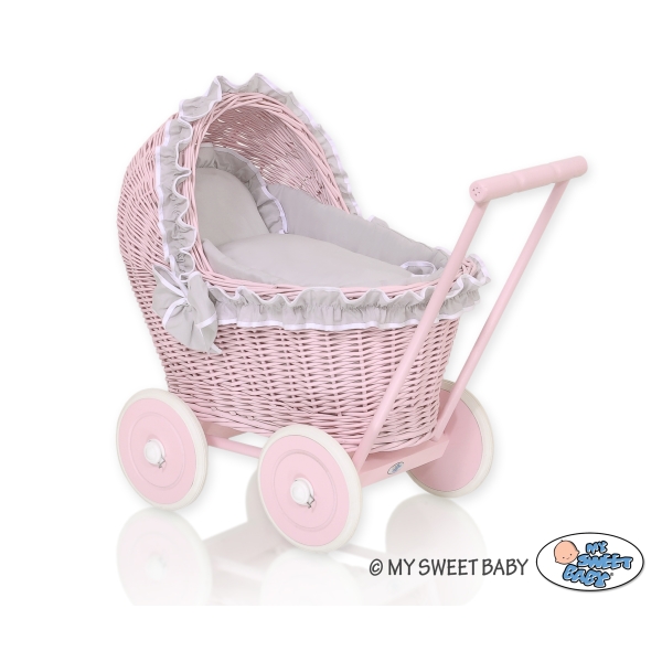 Poppenwagen van riet Roze Grijs
