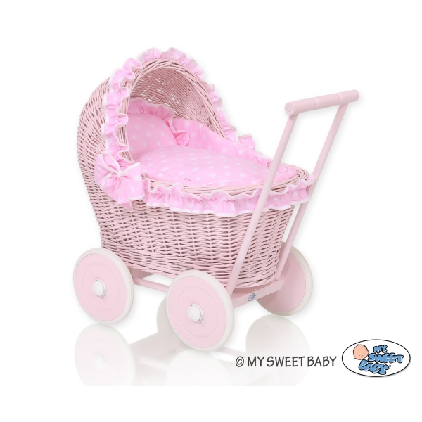 Poppenwagen van riet Roze Polkaprikker