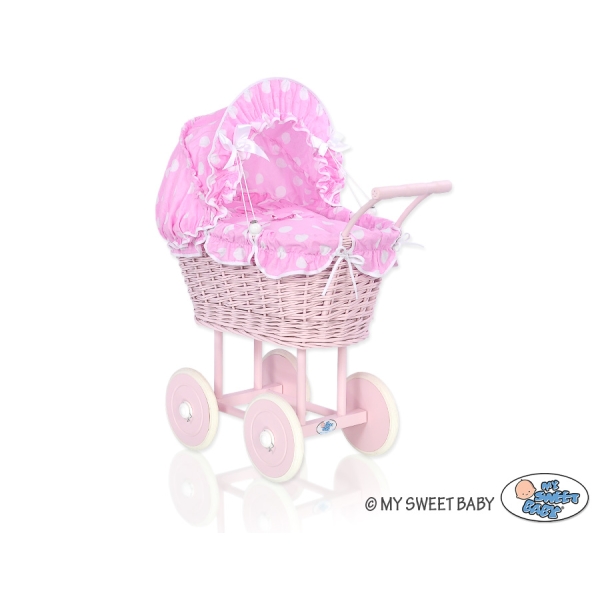 Poppenwagen van riet Roze Polkaprikker Stofroze