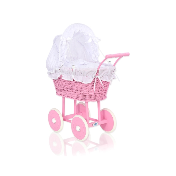 Poppenwagen van riet Roze Wit