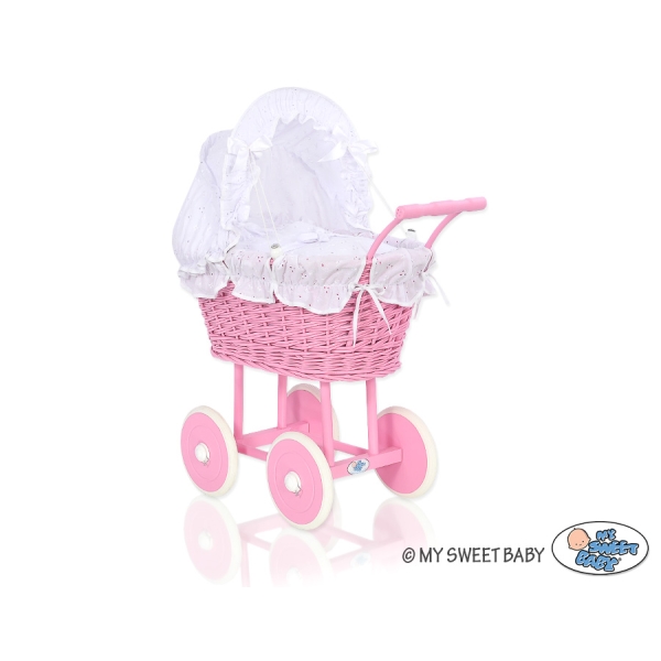 Poppenwagen van riet Roze Wit