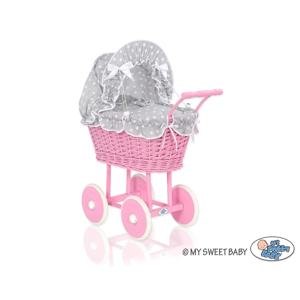 Poppenwagen van riet Roze Wit Grijs Polkaprikker
