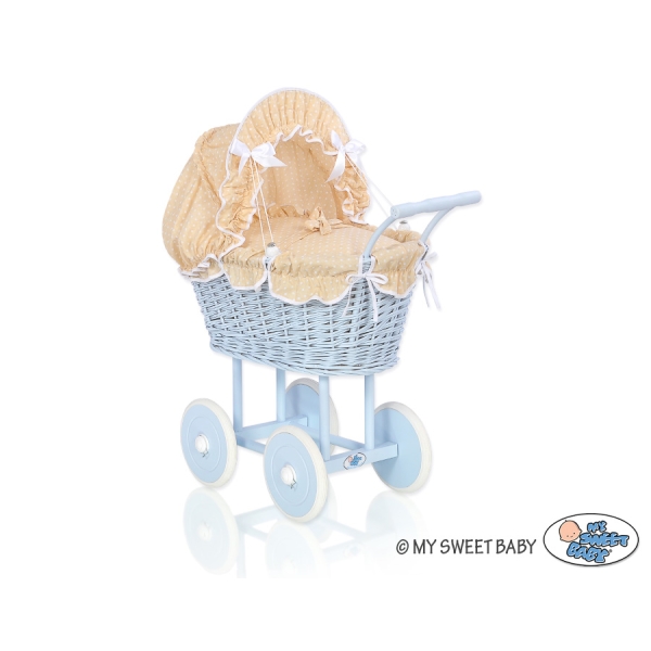 Poppenwagen van riet Wit Beige Blauw Polkaprikker