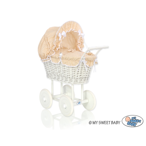 Poppenwagen van Riet Wit Beige Polkaprikker