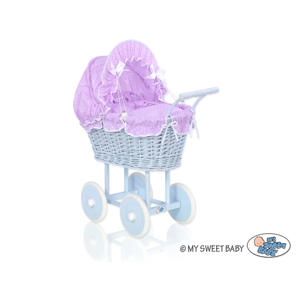Poppenwagen van riet Wit Blauw Purper Polkaprikker