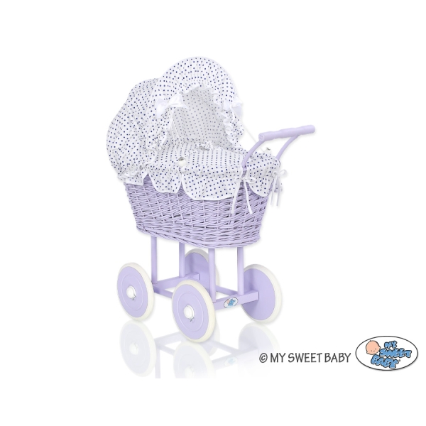 Poppenwagen van riet Wit Marineblauw Purper Polkaprikker