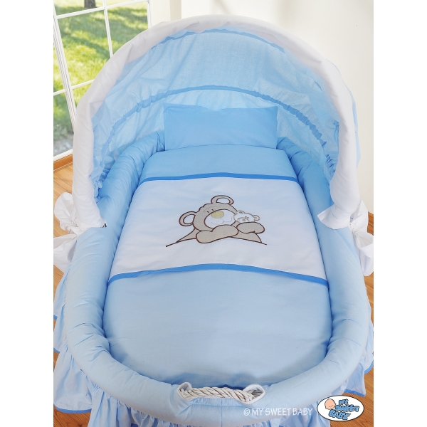 Rieten Babybed met Kap Blauw Teddy Bear Branaba