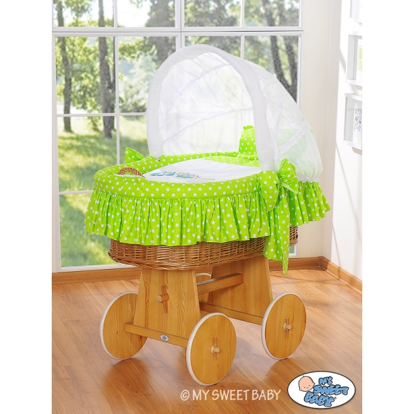Rieten Babybed met Kap Groen Gelukkige Uilen