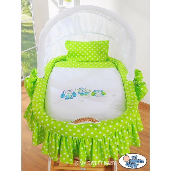 Rieten Babybed met Kap Groen Gelukkige Uilen