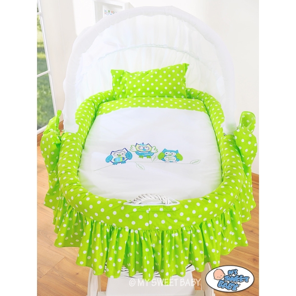 Rieten Babybed met Kap Groen Gelukkige Uilen