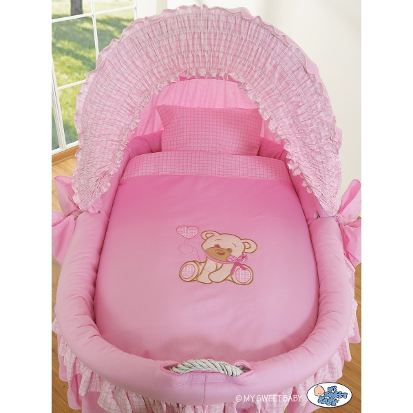 Rieten Babybed met Kap Roze Bear With Bow