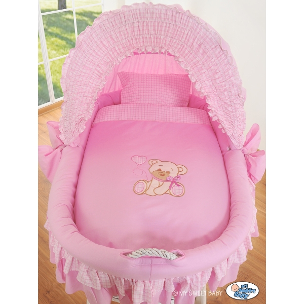 Rieten Babybed met Kap Roze Bear With Bow