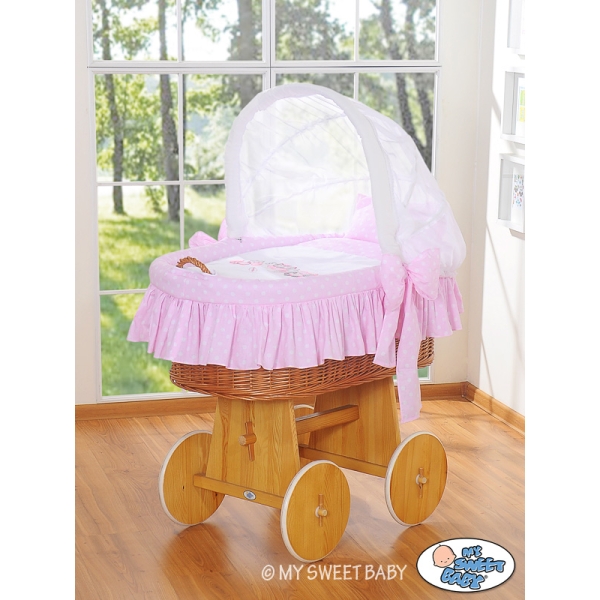 Rieten Babybed met Kap Roze Gelukkige Uilen