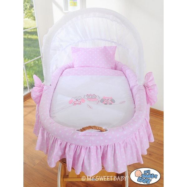 Rieten Babybed met Kap Roze Gelukkige Uilen