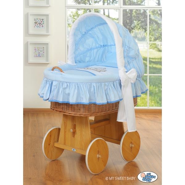 Rieten Babymand met Kap Blauw