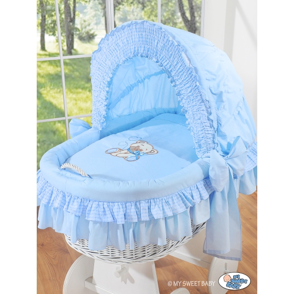 Rieten Babymand met Kap Blauw Bear With Bow