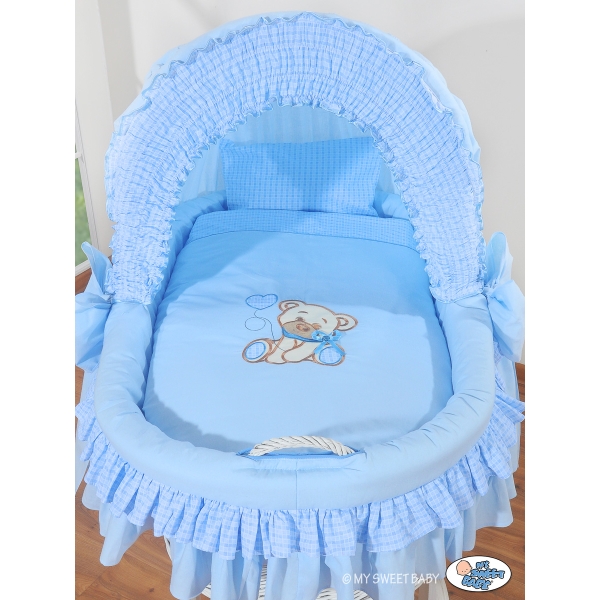 Rieten Babymand met Kap Blauw Bear With Bow