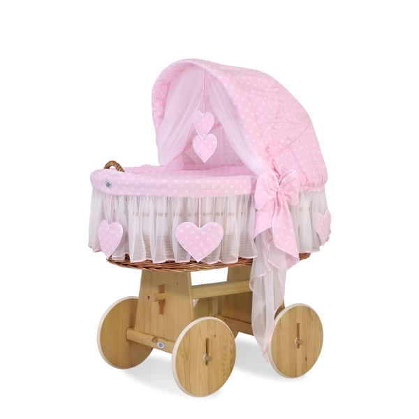 Rieten Babymand met Kap Roze Polkaprikker Amelie