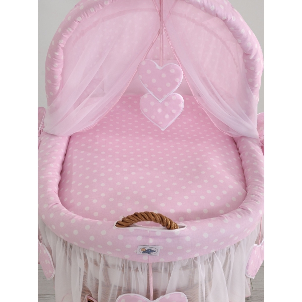 Rieten Babymand met Kap Roze Polkaprikker Amelie