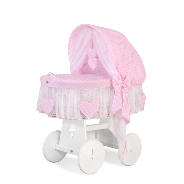 Rieten Babymand met Kap Roze Polkaprikker Amelie