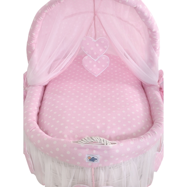 Rieten Babymand met Kap Roze Polkaprikker Amelie