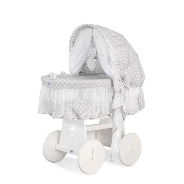 Rieten Babymand met Kap Wit Grijs Polkaprikker Amelie