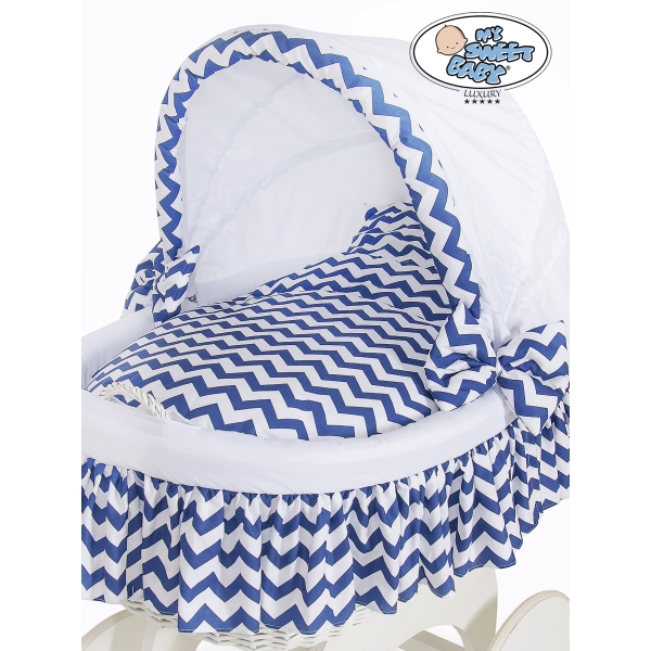 Rieten en Houten Wieg - met Kap - Komplett-Set Wit Marineblauw Hanna