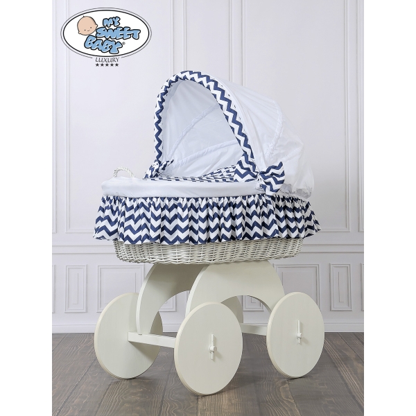 Rieten en Houten Wieg - met Kap - Komplett-Set Wit Marineblauw Hanna